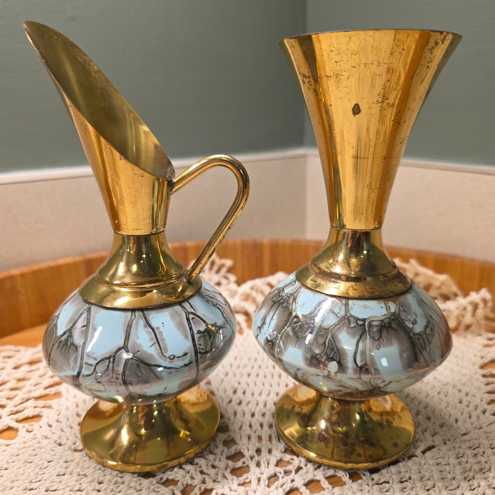 Vintage Holland Delft Brass Enamel Bud Vase Pitcher Set Small Gold Blue Marbled